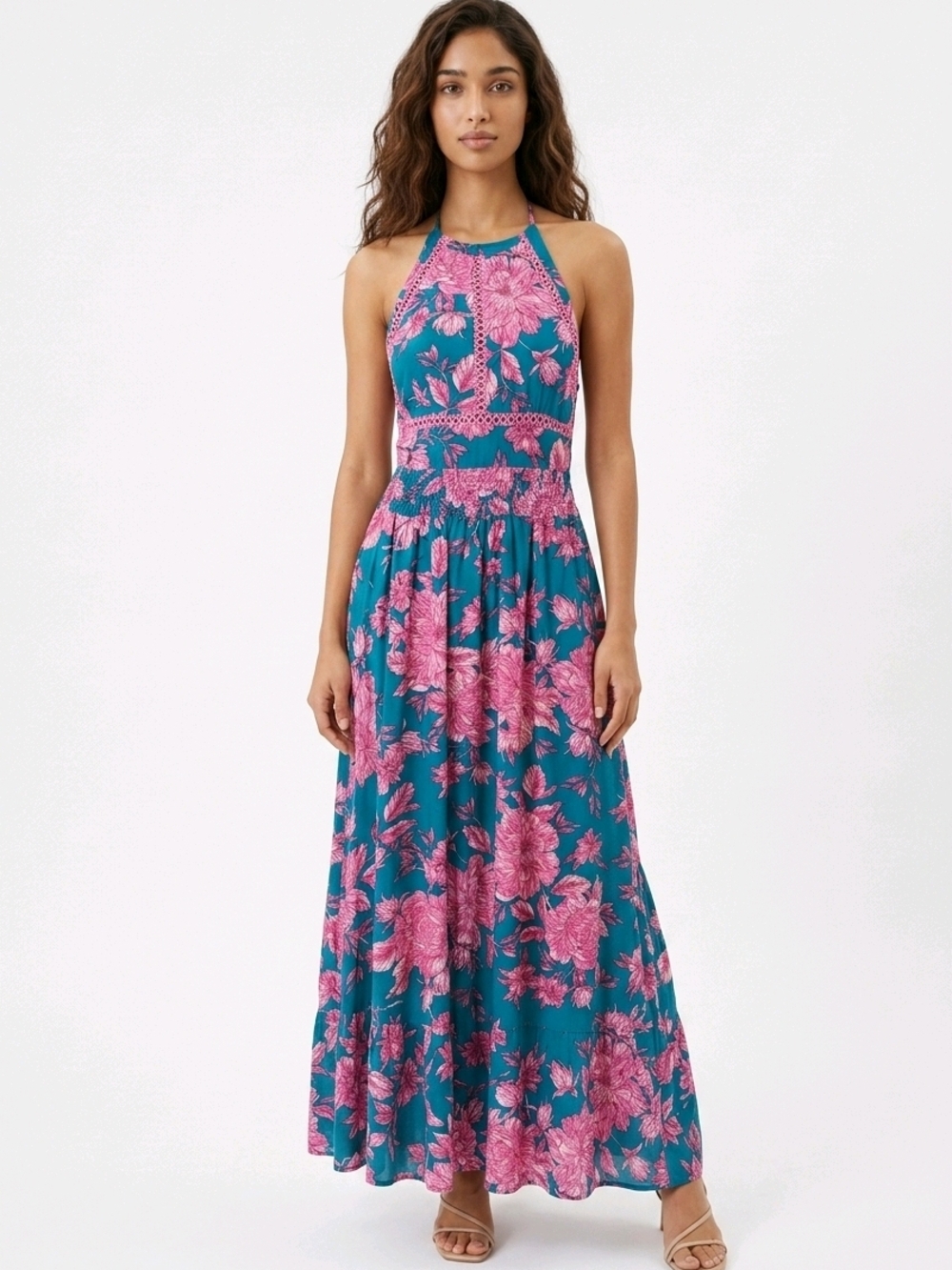 Floral Halter Maxi Dress Open Low Back Ties At Waist Size Small Boutique Dress